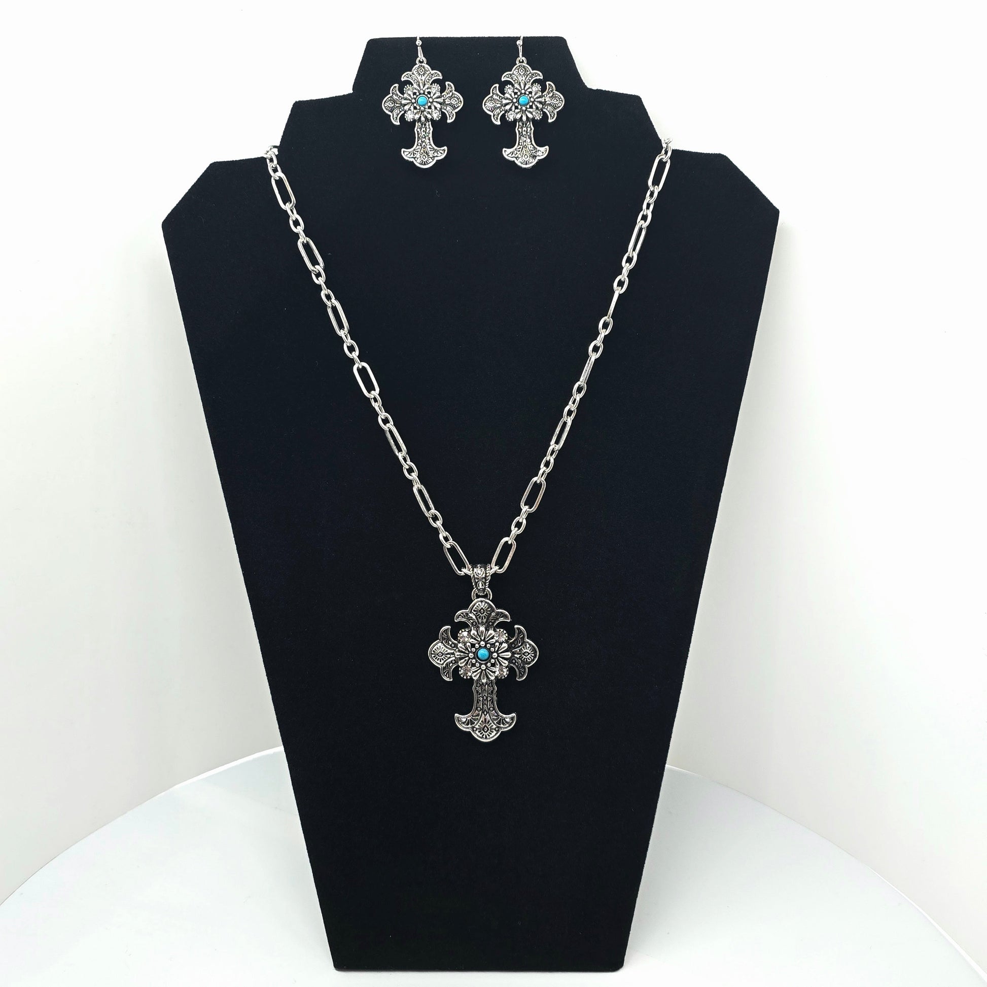 Silver Turquoise Cross Necklace & Earring Set  Addie Grace Boutique