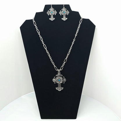 Silver Turquoise Cross Necklace & Earring Set  Addie Grace Boutique
