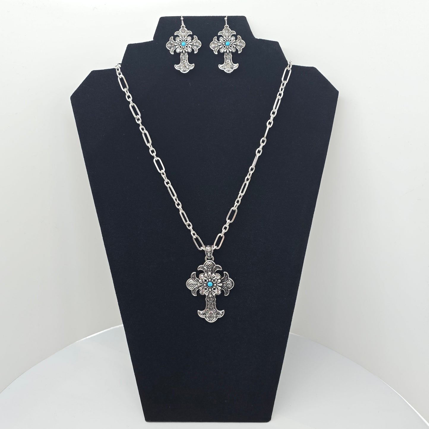 Silver Turquoise Cross Necklace & Earring Set  Addie Grace Boutique