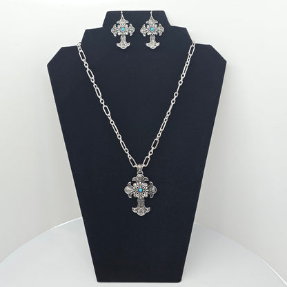 Silver Turquoise Cross Necklace & Earring Set  Addie Grace Boutique