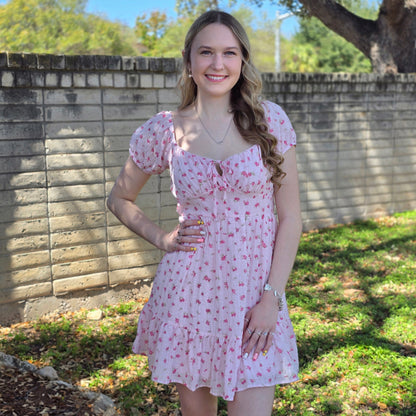 Pink floral mini dress with puff sleeves, sweetheart neckline, and flowy fit. Perfect for spring, brunch, date nights, and feminine everyday style.