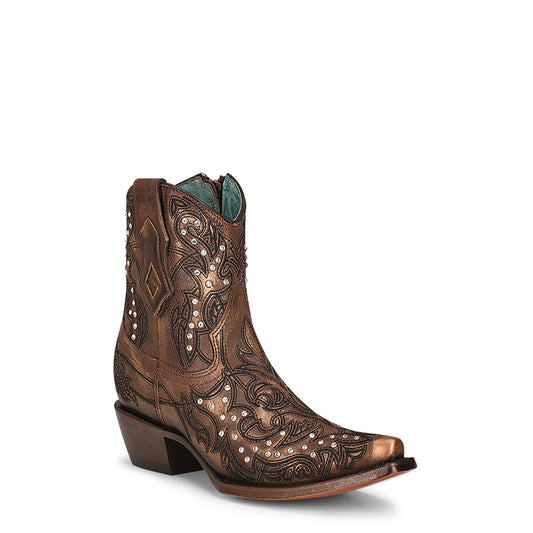 Bronze Embroidery & Crystals Ankle Boot C3922